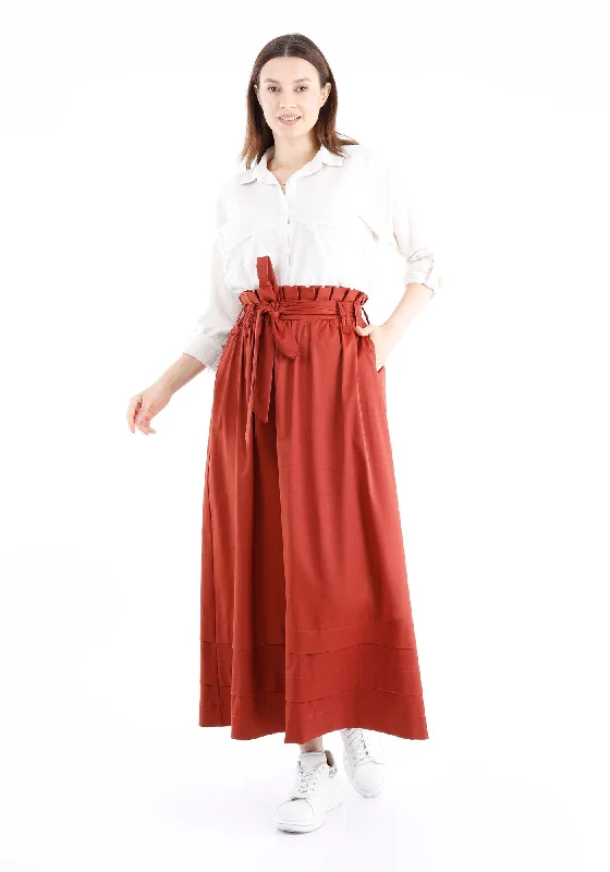 Tile Red Paper Bag Flared A-Line Maxi Skirt with Pockets and Belt