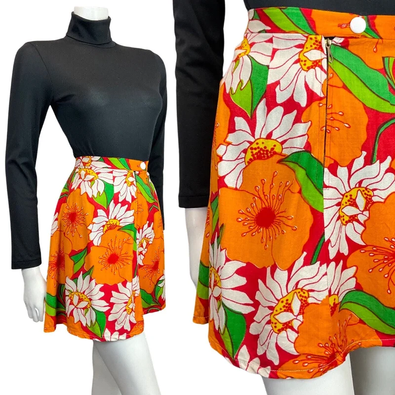 VINTAGE 60s 70s ORANGE RED GREEN FLORAL DAISY POPPY MOD SHORT SKIRT 8