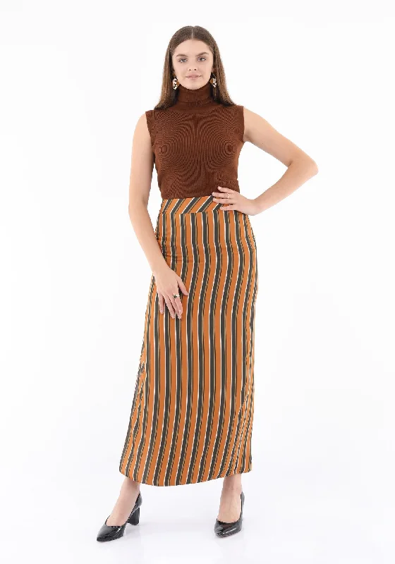 Striped Mustard Maxi Pencil Skirt with White Thin Plisse Slit