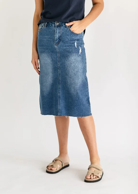 Remi Raw Hem Medium Wash Midi Skirt - FINAL SALE