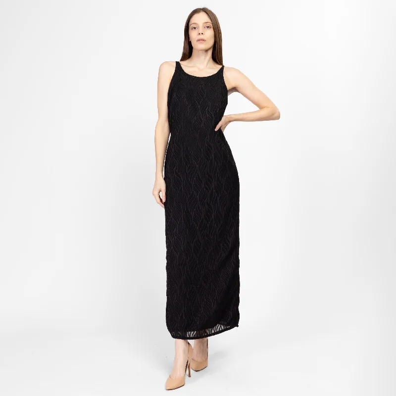 Medium 90s Black Leaf Print Burnout Maxi Dress