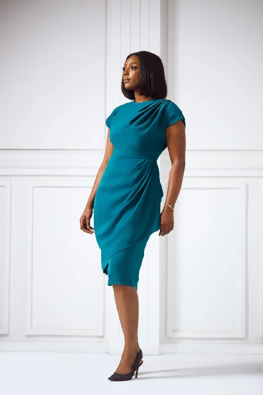 Erilyn Grace dress with a draped shoulder and waistline detail